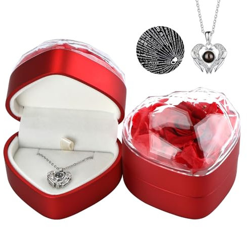MUCOOS Boîte à roses éternelles avec collier en forme de cœur - Collier pour femme - Cadeau pour la Saint-Valentin, Noël, la fête des mères, un anniversaire de mariage - Rouge