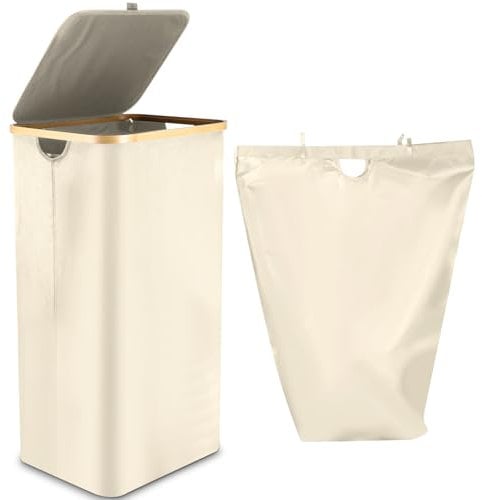 Wäschekorb mit Deckel 100L, Wäschebox mit Bambus Henkel und Innentasche,Wäschesammler Bambus,Groß Kapazität,Laundry Baskets, Faltbare Wäschekörbe für Waschküche, Schlafzimmer, Badezimmer (Beige)