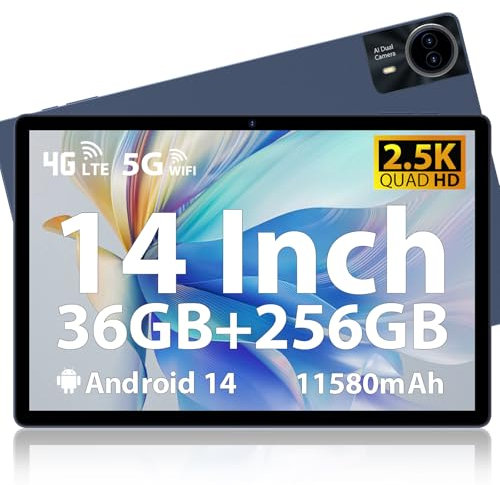 MAXLEGEN 2025 Neueste Android 14 Tablet, 14 2.5K Touch Display, 36GB RAM+256GB ROM 1TB TF SIM Tablet, 4G LTE+5G WiFi, Octa-Core, 4 Lautsprecher, 13MP, 11580mAh, GMS, GPS, inkl. Pen/Hülle/Kopfhörer