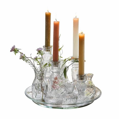 Loberon Tablett mit Kerzenständer und Vase Hilevor, klar | Mundgeblasen - Unterschiedliche Formen - für Stabkerzen - Dekoration - Glas - Eisen