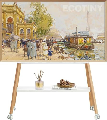 ECOTINY TV Ständer mit Rollen für 49 bis 75 Zoll TV bis zu 40 kg, Easel Design mit Metallstruktur und Holzablage, Beweglicher TV Ständer auf Rädern für Geschäft, Büro, Schule, Haus