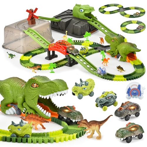 Dinosaur Race Track Toys,Create A Dinosaur World Road Race for Kids Toys,Flexible Track Playset and 5 Cool Dinosaurs Car for 3 4 5 6 7 8 Year Old Boys Girls Gift