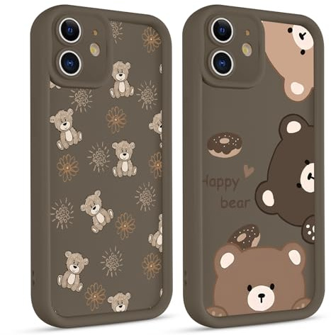 Phoona 2 Stück Handyhülle für iPhone 12 Hülle 6.1, Aesthetic Muster Design Weiche TPU Silikon Schutzhülle Kratzfeste Stoßfest Kameraschutz Bumper Case für Mädchen, Khaki niedlicher Bär