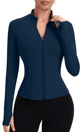 IECCP Women Gym Top Sport Jackets Running Shirts Long Sleeve Workout Fitess Activewear T-Shirts Lightweight Breathable Yoga Tops with Thumb Hole and Zip Side Pocket Navy Blue XL
