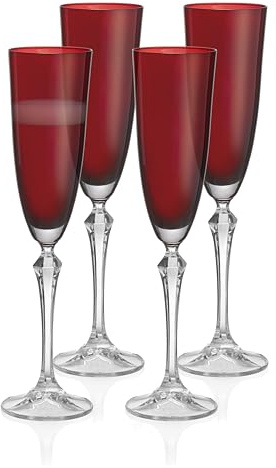 Barski Champagnerflötengläser, 4 Stück, rubinrote (rot) farbige Tasse mit transparentem Stiel, jedes Glas wiegt 200 ml, für Prosecco, Sekt, Mimosen, Cocktails, Hochzeiten, Jubiläen, hergestellt in