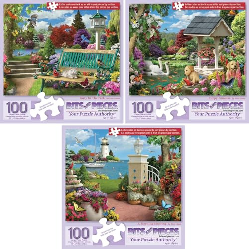 Bits and Pieces 100 Piece Puzzles for Adults - Alan Giana 3-Pack - 100 Extra Large Pieces 15 x 19 Jigsaw Puzzles, at The Water's Edge, No 2 Pieces Alike