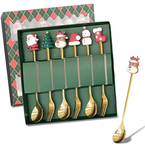 6PCS Christmas Cutlery Set, Spoon and Fork Set, Xmas Coffee Tea Spoons Cake Forks, Xmas Tableware Ice Cream Dessert Stirring Teaspoons, Christmas Cracker Fillers Gifts for Women (Green)