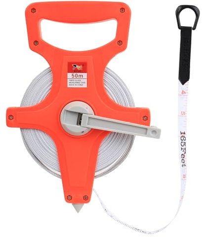 50 m rullbandsmått med ergonomiskt handtag, öppet måttband 50 m, måttband av glasfiber, rullmåttband, dubbelsidig skala med rullmåttband