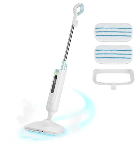 Steam Mop for Floor Cleaning, Light Floor Steamer for Hardwood, Tiles, Laminate and Carpet, Quick Heat Steam Cleaner with Visible Water Tank and 2 Washable Pads, White and Green