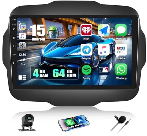 CAMECHO 4+64G Android 15 Navi Autoradio für Jeep Renegade 2016-2020, 9 Zoll GPS Bluetooth Radio Incell HD Touchscreen mit Wireless Carplay Android Auto WiFi FM RDS EQ Mirror Link +Rückfahrkamera