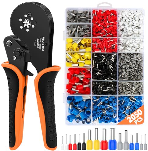 Kit de Crimpadora Terminales Eléctricos con 2050 Piezas Terminales Eléctricos 0,5-16mm², 08-16mm² (AWG30-5) Crimpadora Autoajustable de Trinquete y Pelacables para Automóviles y Electricidad