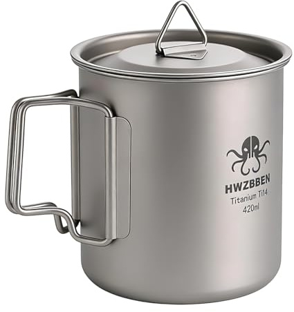 BORDEAG Tasse Camping Titanium 420ml, Tasse Ultra-légère en Titane avec Poignée Pliable & Sac de Transport, Parfaite pour Camping, Randonnée et Pique-nique