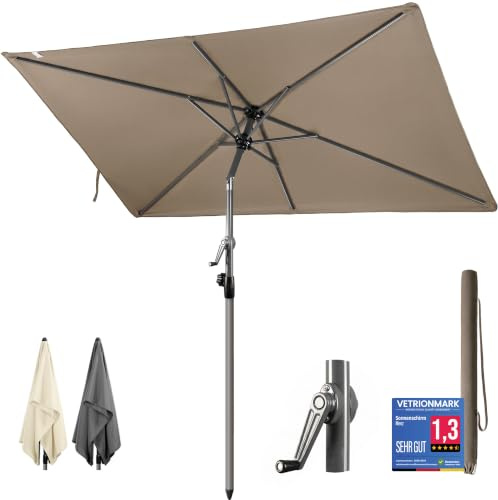 4smile Sonnenschirm Balkon mit Kurbel 210 × 140 cm, Taupe | Sonnenschirm rechteckig, Balkonschirm mit UV 50+, Sonnenschutz Balkon mit Schutzhülle, knickbar und höhenverstellbar