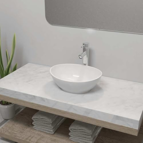 Lavabo in ceramica ovale bianco con miscelatore cromato, lavabo da appoggio 400 x 330 x 135 mm, rubinetto monoforo, tubo flessibile in acciaio inox