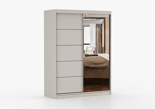 Fabryka Mebli Idźczak Schwebetürenschrank 150 cm breit, Kaschmir/Spiegel, Metallführungen Rollenlauf, Kleiderstange Einlegeböden, 16 mm Laminatplatte, Schlafzimmer Garderobe Ankleide