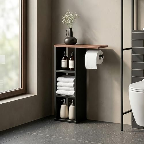 [en.casa] Porte-Papier Toilette Trond avec 3 Compartiments Ouverts Étagères Meuble de Rangement Compact Design Desicret pour Salle de Bain WC 60 x 40 x 16 cm Noir Effet Noyer