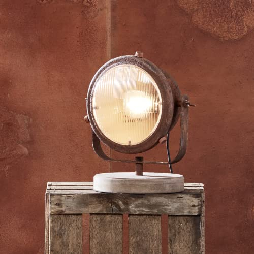 Ligthbox Tischlampe im industriellen Design | 31 cm Höhe | Tischleuchte mit schwenkbarem Kopf und Schalter | E27 Fassung | Tischstrahler für das Wohnzimmer| aus Metall/Kiefernholz in Rostfarben/Braun