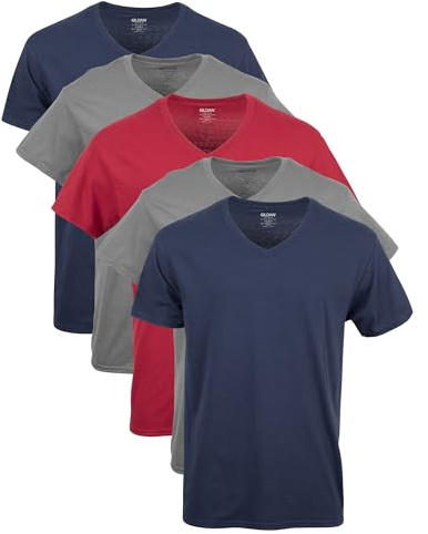 Gildan Men's V-Neck T-Shirts, Multipack, Style G1103 Undershirt, Navy/Charcoal/Cardinal Red (5-Pack), S