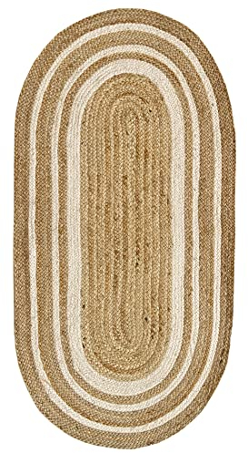 HAMID - Jute-Teppich Alhambra Oval Natural Color, 90x150cm, 100% handgemachter Jutefaser-Teppich, für Wohnzimmer, Schlafzimmer, Dekoration, (70x140cm)