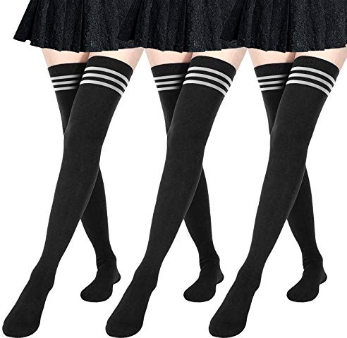 DRESHOW 3 Paar Damen Überknie Kniestrümpfe Overknee Strümpfe Lange Gestreifte Socken Schüler Knitting Sportsocken