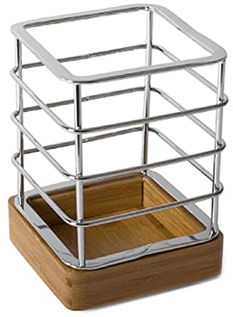 CABLEPELADO Porta utensilios de cocina para la encimera | Porta cubiertos Cuadrado de Mesa Cuadrado | Escurre cubiertos | Acero inoxidable y base de madera | Medidas 14 cm altura x 10 cm ancho