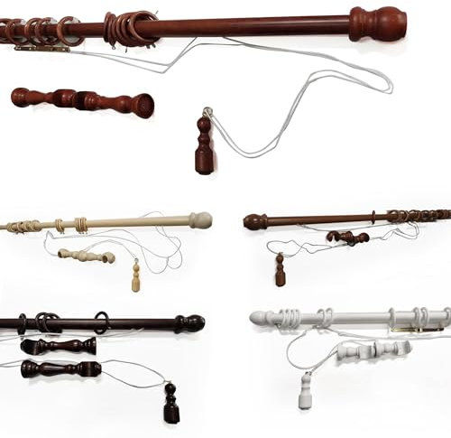 TENDEEVOLUTION Tringle Rideau Bois avec Accessoires, Diamètre 35mm, avec Support Tringle Rideaux Bois inclus. Barre De Rideau Naturel (Blanc, 200 CM Avec Corde)
