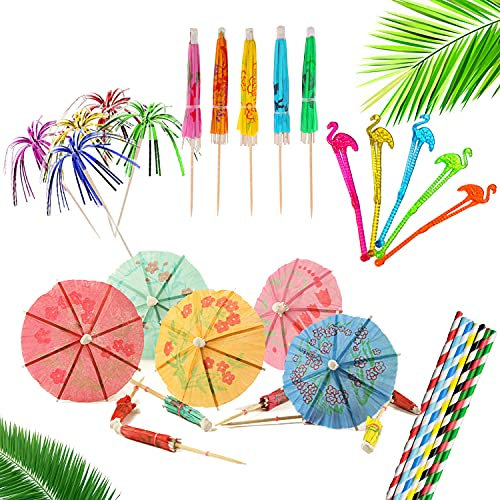 SIKAMARU 100 Piezas Paquete de Accesorios de Bebidas para Decoración de Cócteles de con Sombrillas, Fuegos Artificiales Brillantes, Agitadores Reutilizables y Pajitas Biodegradables