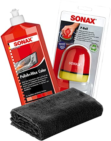 detailmate SONAX Hand Polier Set: SONAX Polish+Wax Color rot 500ml Politur + SONAX P-Ball ergonomischer Polier Ball Edgeless Superflausch Mikrofaser Poliertuch 40x40cm, 550GSM