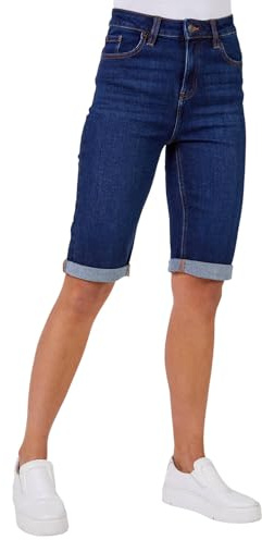 Roman Originals Denim Shorts for Women UK Ladies Knee Length Stretch Jean Cropped Capri Jegging Turn Up Hem Cut Off Summer High Waisted Trouser Smart Pants Casual - Indigo - Size 10