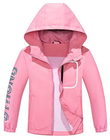 ALXHUTE Veste de pluie imperméable pour garçons et filles, coupe-vent léger avec capuche, rose, 15-16 ans