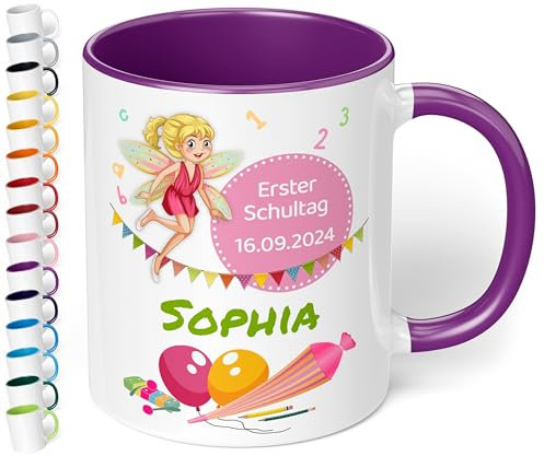 True Statements personalisierte Tasse Erster Schultag mit Fee, in Violet, Geschenk zur Einschulung, 330 ml Keramiktasse als Einschulungsgeschenk 1. Klasse