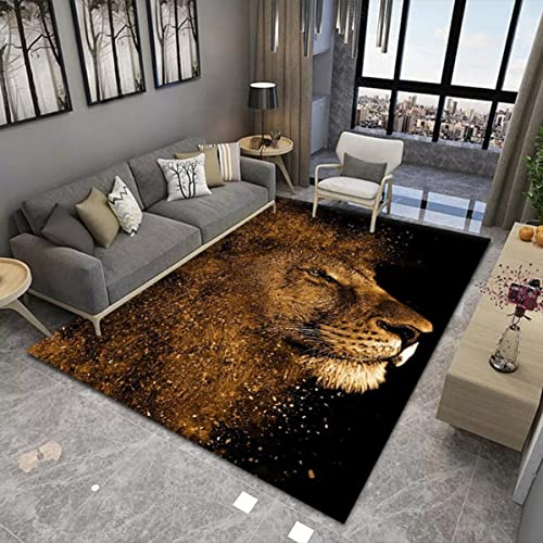 Teppich mit 3D-Tier Junge Mädchen Schlafzimmer Flanell Rug für Wohnzimmer Moderne Rutschfeste Bodenmatte Kinder Baby Spielunterlage,Löwe Tiger Flamingo Gepard Wolf Druck (Schwarz,100x150 cm)