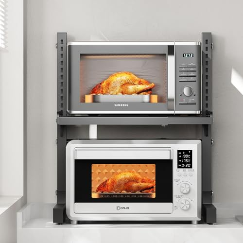 ABCOOL Estante retráctil para horno microondas, 3 niveles expandibles y ajustables en altura de acero al carbono con 3 ganchos de clip, soporte para horno eléctrico (1.6 pies, negro)