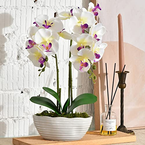 YSZL Grande pianta artificiale di orchidea in vaso, composizione di fiori di seta con vaso in ceramica, bianco