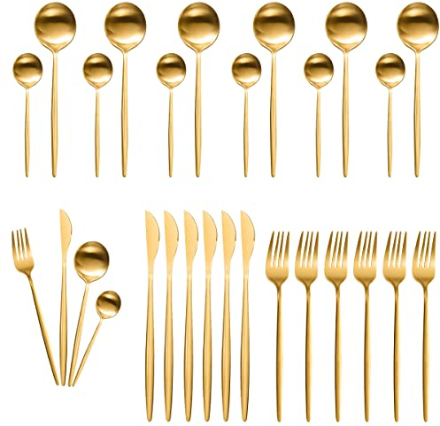24-Piece Stainless Steel Cutlery Set – Knife Fork Spoon Set for 6, Mirror Polished, Dishwasher Safe, Easy to Clean, Flatware Set for Home, Kitchen & Dining(Gold)