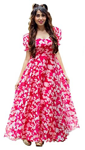 Shasmi Robe Longue pour Femme Georgette, Rose Fluo, Taille M, Rose Fluorescent, M