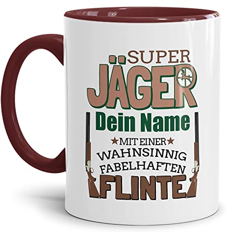 Tassendruck Tasse selbst gestalten - mit Name Personalisieren - mit Spruch - Super Jäger mit Flinte - Geschenkidee für Jäger, Jagd, Waidmann | Innen & Henkel Weinrot, 300ml