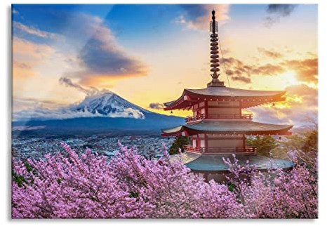 Pixxprint Glasbild, Wandbild aus Echtglas, Japanischer Tempel zwischen Kirschblüten, 100x70 cm, inkl. Aufhängung und Abstandshalter