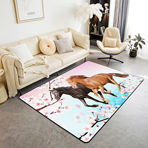 Homemissing Cheval Tapis de Salon 100x150cm Salon Tapis Chambre à Coucher Tapis Doux et Confortable Run Cheval Cherry Flower Decoration Tapis de Sol Enfants Filles Teen Room Decoration Tapis