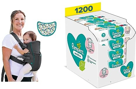INFANTINO Swift Classic Carrier – ergonomische Babytrage mit 2 Tragepositionen und Tasche & Pampers Sensitive Baby Feuchttücher, 1200 Tücher (15 x 80) Für Empfindliche Babyhaut