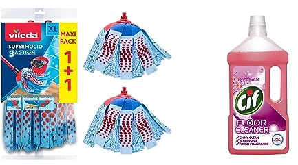Vileda SuperMocio 3Action XL Mop Refill, Pack of 2 SuperMocio 3 Action Mop Head Replacements & Cif Floor Cleaner, Wild Orchid, 950 ml (Pack of 1)
