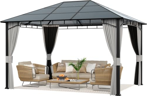 Amopatio Gartenpavillon 3x4 m Wasserdicht Stabil Winterfest, Pavillon mit Polycarbonat - Dach, Hardtop Pavillon mit Seitenteile für Garten, Terrassen (Grau)
