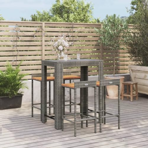 QJBSAVVA 5-TLG Gartenbar-Set, Sofa Tisch Eckbankgruppe Polsterbank Fußhocker Geeignet für Café Innenhof Balkon Garten Grau Poly Rattan & Massivholz Akazie