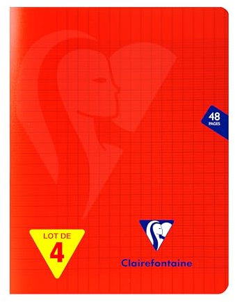 Clairefontaine 333751AMZC Un lot de 4 Cahiers Agrafés Mimesys - 17x22 cm - 48 Pages Grands Carreaux - Papier Blanc 90 g - Couverture Polypro - Couleur : Rouge