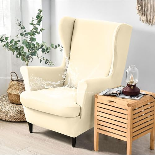 Hixingo 2-Teilig Ohrensessel Überzug, Einfarbig Sesselbezüge, Stretch Ohrensessel Bezug Abnehmbar für Wohnzimmer Schlafzimmer Hotel Sesselschoner (Beige,One Size)