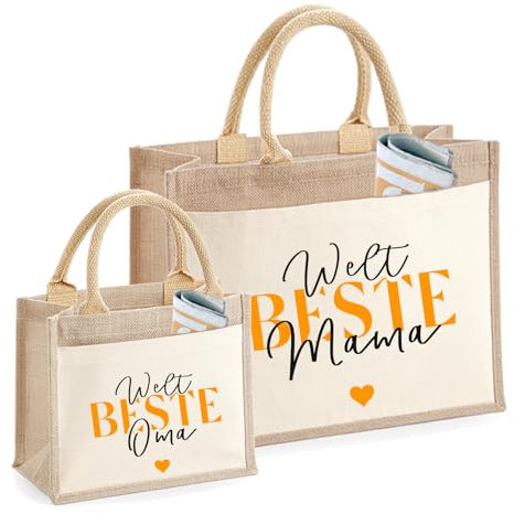 AMBERGER DESIGN by A&M Osterhage amd Jute Tragetasche „Weltbeste Mama, Oma“ oder „Weltbeste Papa oder Opa“ – Geschenk Tasche, kurze Tragegriffe, Einkauftasche - Geschenkidee Muttertag, Vatertag