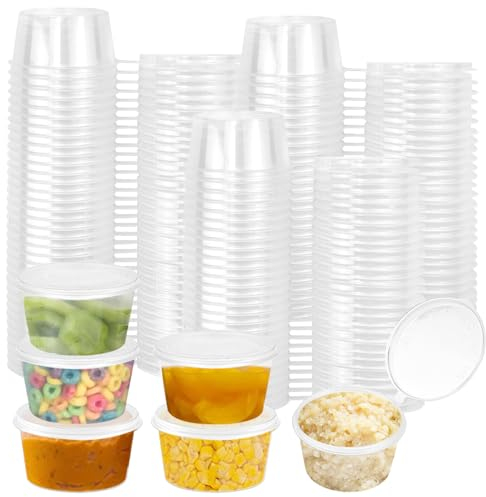 CAREDGO Saucenbecher 50ml mit Deckel, 100 Stück Klein Aufbewahrungsdosen Lebensmittelbehälter Wiederverwendbar 2OZ Plastikbehälter Salatdressing Behälter Plastikschalen für Saucen, Mayonnaise, Ketchup