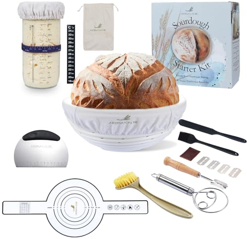 ARTISAN ACRE Sourdough Bread Baking Supplies 22 PCS - Complete Sourdough Starter Kit With Jar 10 Round Banneton Bread Proofing Basket - Sourdough Kit Bread Making Accessories - Sour Dough Kit