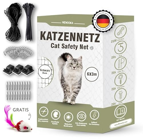 Menooka - Katzennetz für Balkon ohne Böhren 6x3m - katzennetz - katzengitter Fenster - Vogelnetz - Katzennetz Balkon - Katzennetz Fenster - Befestigungsset inklusive - kabelbinder (6x3)