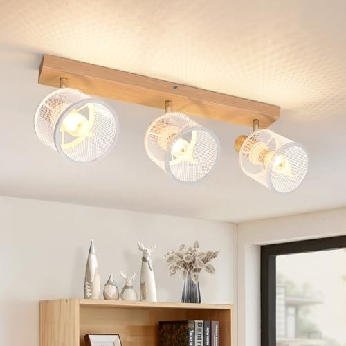 Deboola Deckenstrahler 3 Flammig Deckenleuchte Holz - Deckenlampe Vintage Deckenspot LED Strahler Schwenkbar E14 Treppenhauslampe Spots Flur Wohnzimmer Schlafzimmer Küche Esszimmer Ohne Leuchtmittel